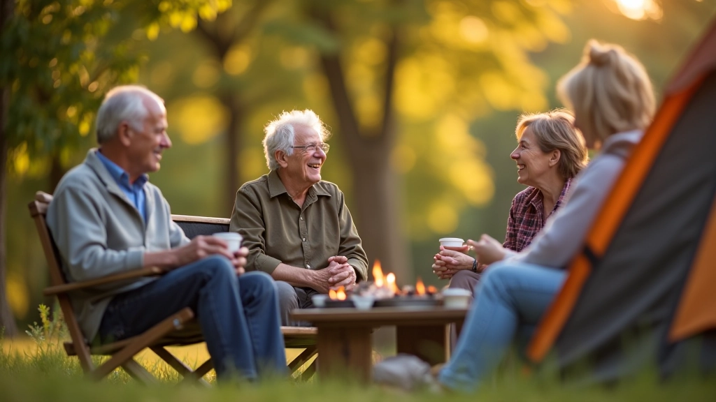 Grupa seniorów relaksujących się w przytulnym polu namiotowym, uśmiechając się i rozmawiając