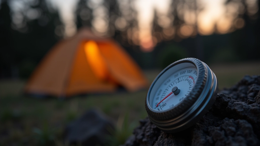 Thermometr i termometr cyfrowy obok namiotu, pokazujący zmianę temperatury od dnia do nocy