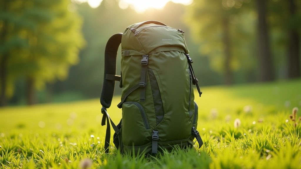 Zamknięty i spakowany plecak trekkingowy stojący na trawie, widoczne jego wymiary