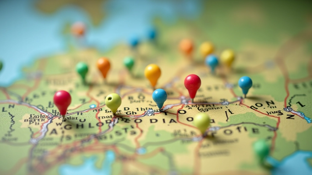 Mapa Polski z zaznaczonymi różnymi polami biwakowych, kolorowe markery na terenie