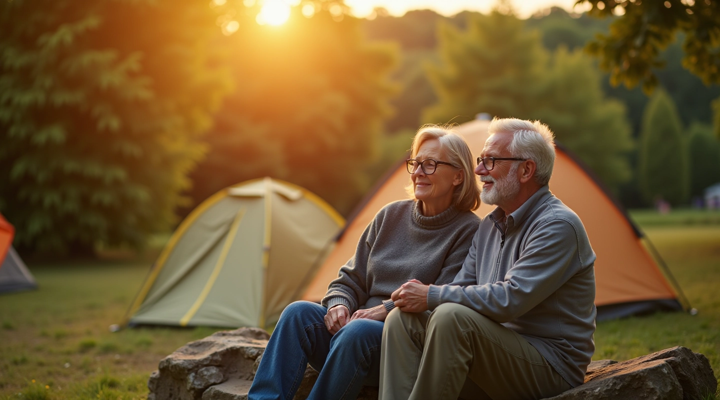Seniorzy podczas wyprawy campingowej na naturalnym terenie