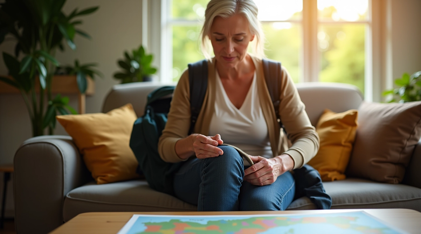 Seniorka przygotowuje plecak trekkingowy w salonie, z mapą Polski na stole obok