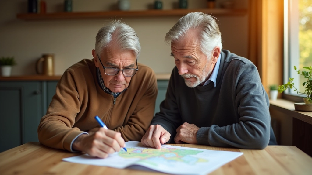 Seniorzy rozmawiają o planach biwakowania, patrząc na mapę na stole w domu